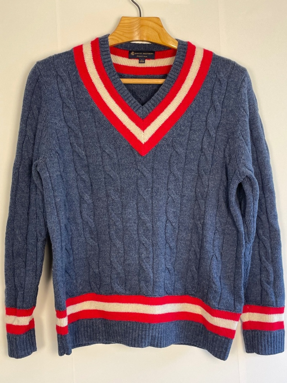 Brooks Brothers Wool Cable Knit Tennis Sweater Blue Varsity Size L